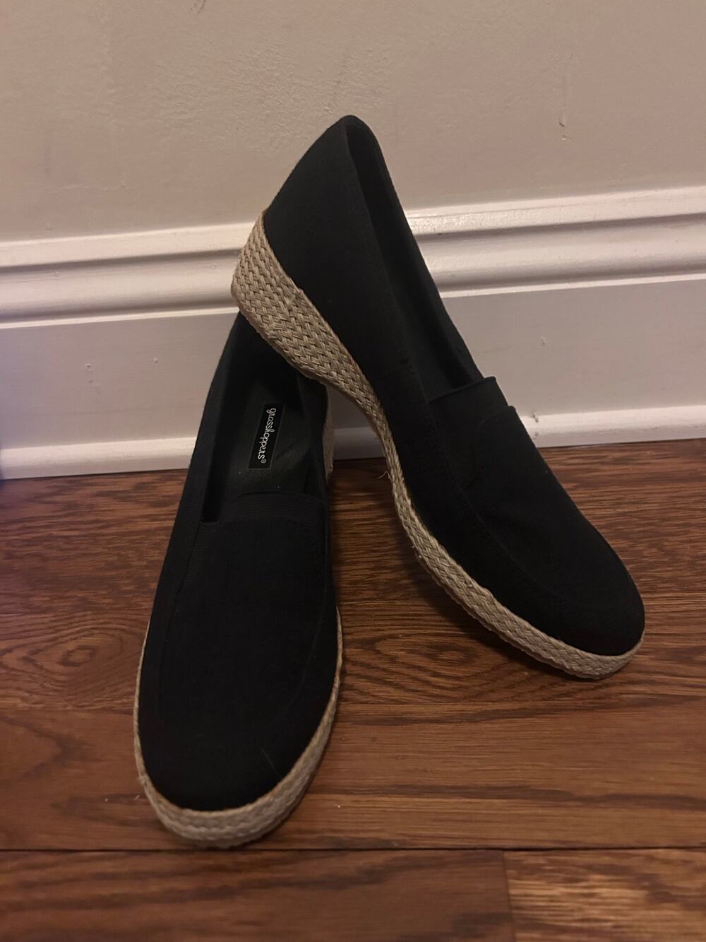 Grasshoppers Women's Sz 7 Casita Black Canvas Slip On Platform Wedge Espadrille